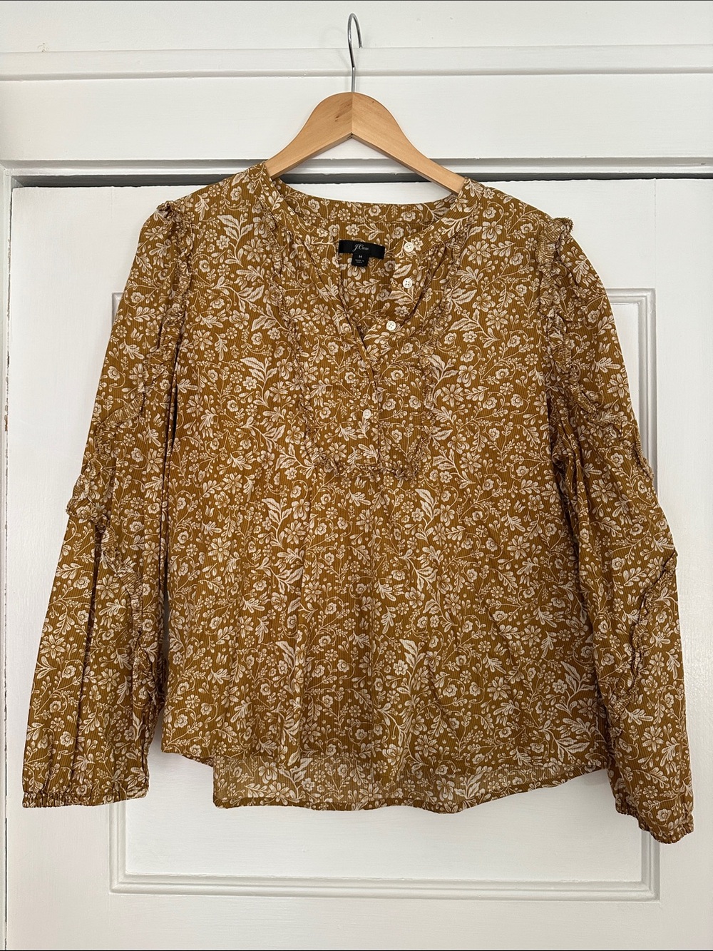 J. Crew Mustard Floral V-Neck Long-Sleeve Blouse